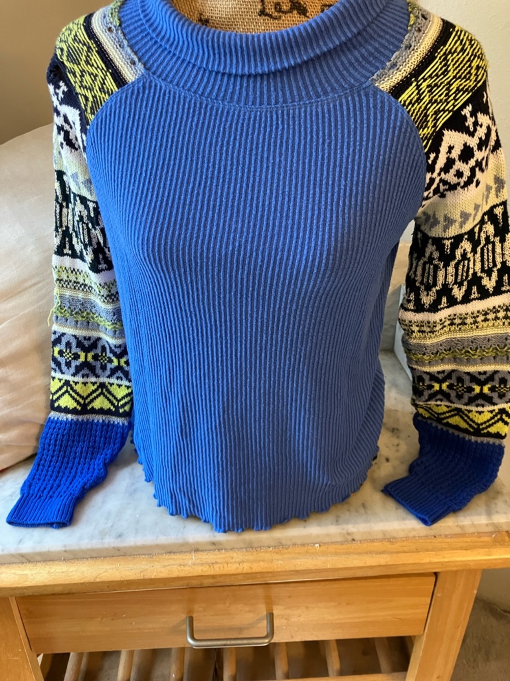 Free People Blue Ribbed Crew Sweater with Patterned Sleeves